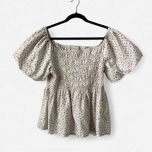 Passport Smocked Floral Puff Sleeve Peplum Top 3XL
